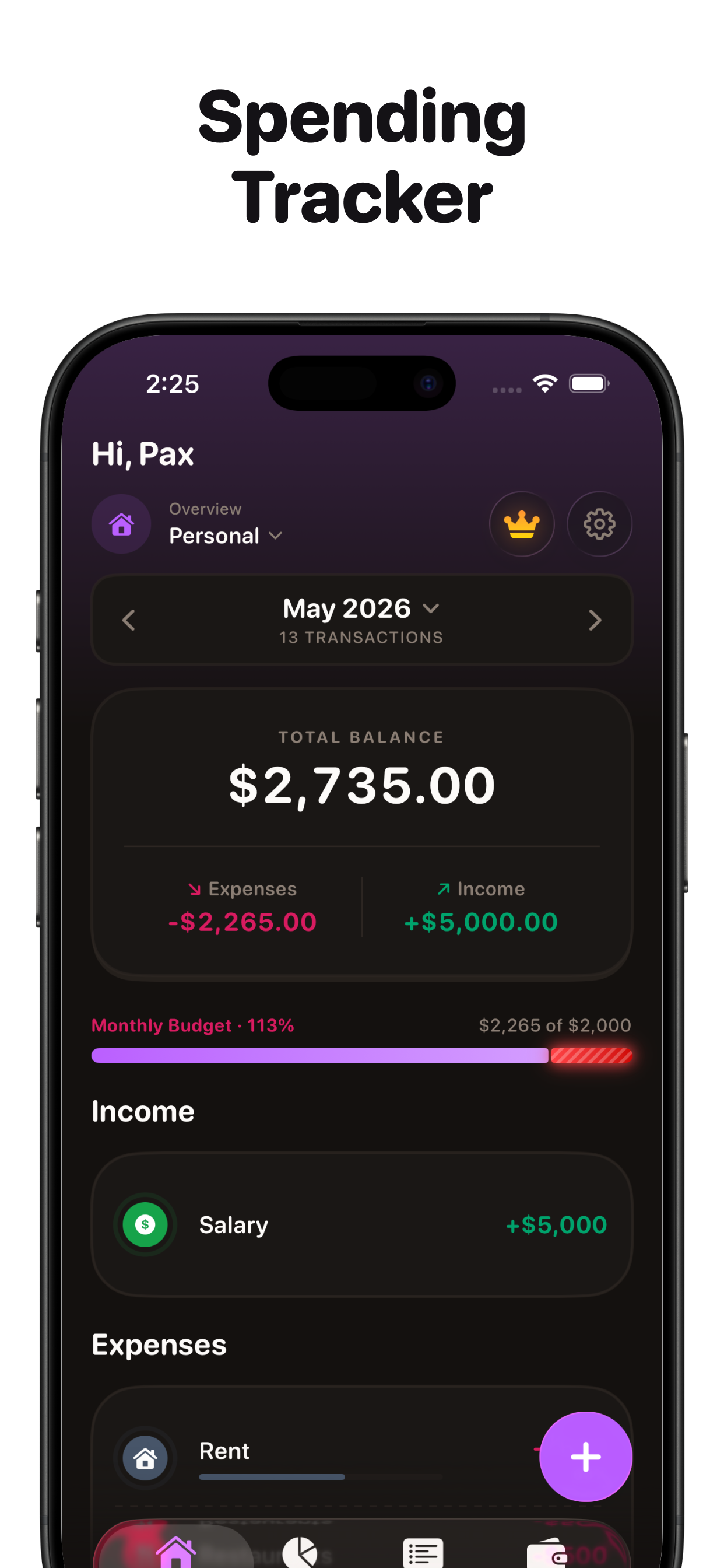 Spending Tracker. Mochi Money home screen showing monthly total balance, expenses, income, and a budget progress meter.