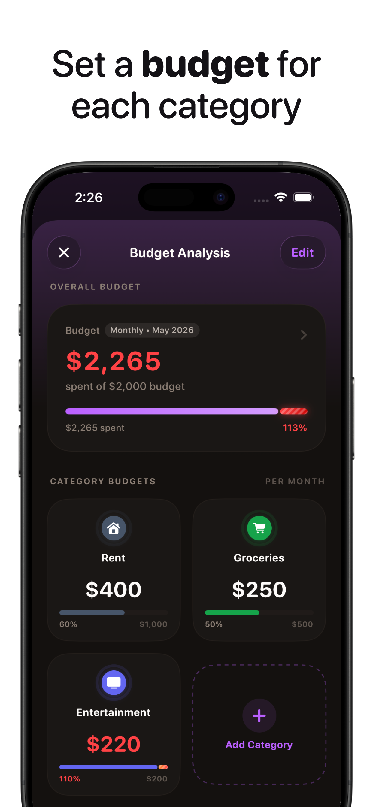 Budgets. Set a monthly budget for each category and watch progress bars in real time.